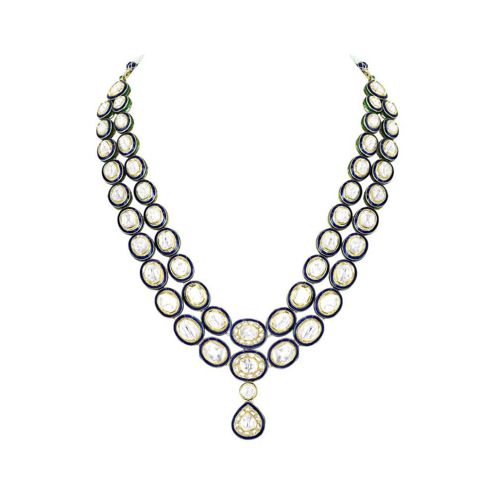 Twin-Line Polki Necklace with Blue Enamel and Pear Pendant